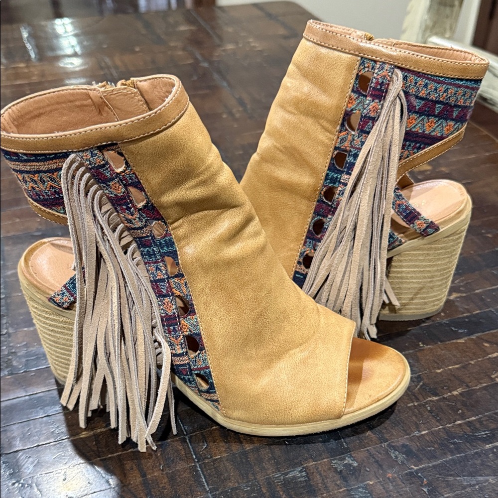 Very Volatile Tan Fringe Peep-Toe Booties